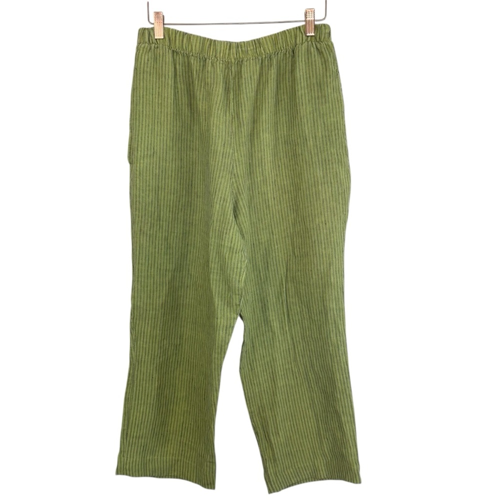 Liv 100% Linen Green Striped Pull On Elastic Waist Pants Size Medium